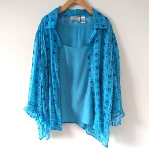 New York City Design Co. Woman's Blue Geometric Print Silk Jacket Sz 3X Vintage